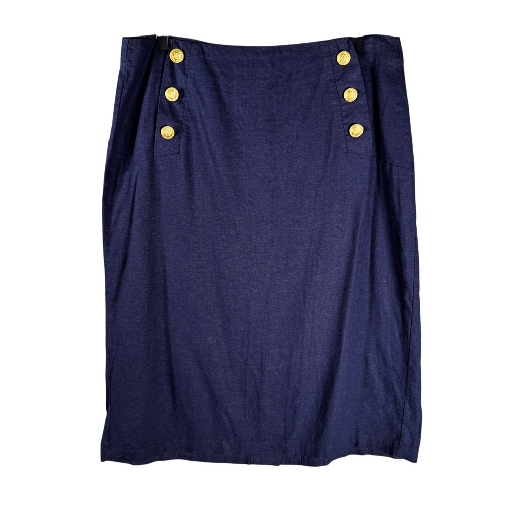 Vtg Jaclyn Smith Pencil Skirt Women Large Navy Blue Nautical Linen Blend Button